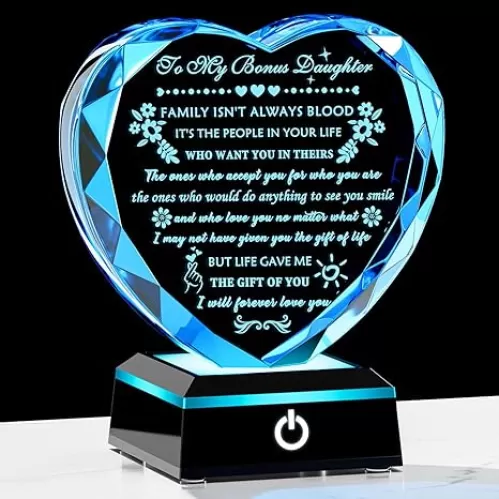 YWHL Bonus Daughter Gifts from Mom Dad Birthday Gifts for Bonus Daughter with Colorful Base Heart Shaped Crystal Keepsake To My Bonus Daughter Stepdaughter Gifts on Christmas Graduation Valentine's
