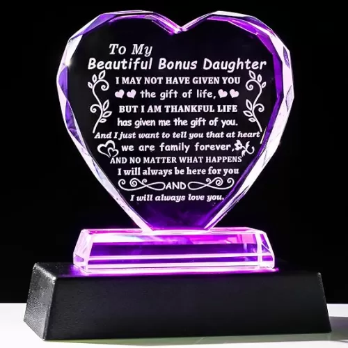 YWHL Bonus Daughter Gifts from Mom Dad, To My Bonus Daughter Gifts Heart Shaped Glass Keepsake with Colorful Light Base, Gift for Stepdaughter on Birthday Christmas Graduation