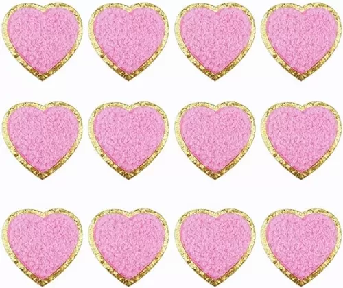 12 PCS Pink Heart Patch Heart Iron On Patches Gold Edge Chenille Patches Decorative Embroidery Patches for DIY Clothes Decoration
