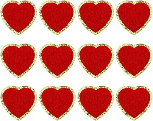 12 PCS Red Heart Patch Gold Edge Heart Iron On Patches Chenille Patches DIY Embroidery Sewing Patch for Repair Clothes Decoration