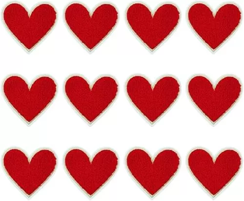 12 PCS Red Heart Patch Red Heart Iron On Patches Chenille Patches Heart Applique for DIY Decorative Hats Bags Clothes