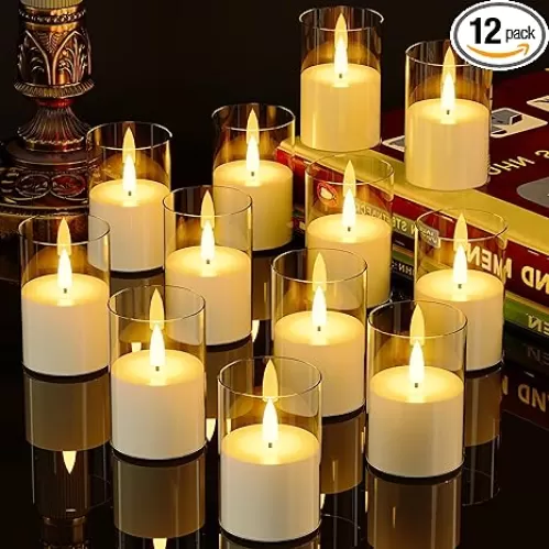 12Pack Flickering Flameless LED Candles with Timer, Battery Powered - Small Pillar & Votive, Clear (2"X3")