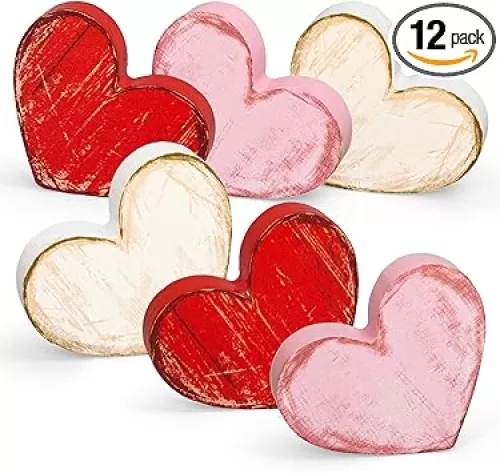 12Pcs Retro Valentine Wooden Table Sign Mini Love Heart Shape Tabletop Centerpiece Rustic Red Pink White Tiered Tray Decor for Wedding Anniversary Home Farmhouse