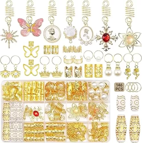 146-Piece Hair Jewelry Charm Set, Gold & Crystal Dreadlock Beads, Pearl Crown Heart Braid Rings, Stylish Cuffs For Braids, Locs & Twists