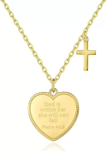 14K Gold Plated Engraved Coin Pendant Necklace for Women Christian Bible Verse Cross Necklace Prayer Faith Religious Jewelry Gifts