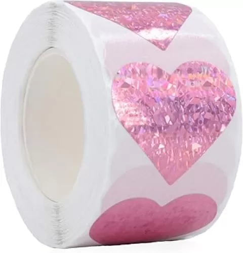 1.5" Pink Heart Stickers with Glitter Holographic Gravel Pattern, 500 pcs Sparkling Adhesive Heart Sticker Labels per Roll, Love Stickers for Personal and Business Use