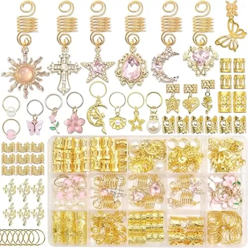 154PCS Hair Jewelry for Braids Pink Crystal Loc Jewelry Butterfly Heart Braid Clips Pearls Flower Dreadlock Accessories Multi Style Crystal Hair Decoration for Women and Girls