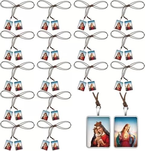 16 Pcs Catholic Scapular Necklace Metal Escapularios Catolicos Sacred Heart of Jesus with Our Lady Mt Carmel Catholic Scapular Gifts for Men Women Christian First Communion Confirmation 19"