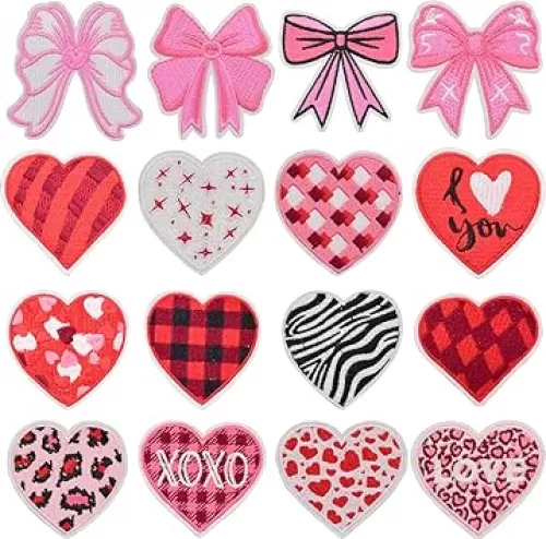 16Pcs Heart Iron On Patches, Pink Embroidered Valentine