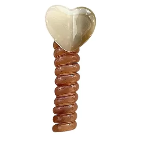 1pc White Brown Phone Cord Straight Spiral Hair Tie, Heart Decor Hair Ring Ponytail Braid Fixed Hair Rope No Crease Elastic Coils Multi Color Hair, Elastics and Ties Hair Accessories