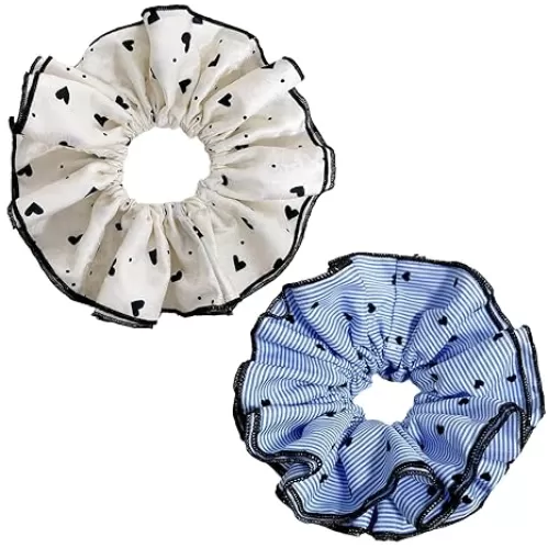 2 Pack Cottagecore Extra Large Floral Scrunchies - Vintage Heart Floral Print Oversized Hair Scrunchies for Braid Ponytail Holders for Parties, Office, Daily Wear (Blue+White Heart)