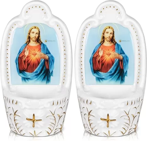 2 Pcs Porcelain Catholic Holy Water Font Ceramic Sacred Heart of Holy Water Fonts Wall Hanging Container for Home Church Entrance Decor First Communion Confirmation Gift(Jesus)