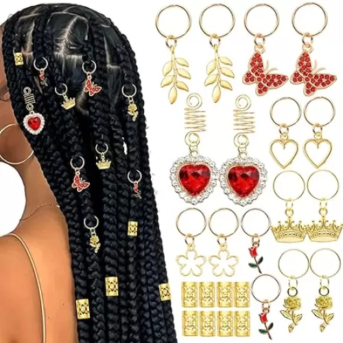 24PCS Hair Jewelry for Braids Red Heart Butterfly Hair Charms Valentine's Day Loc Jewelry Flower Braids Accessories Gold Hair Cuffs Decoration for Women and Girls