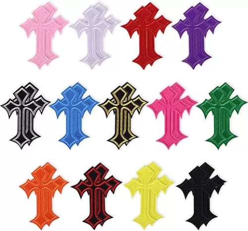 26 PCS Multicolor Cross Iron On & Sew On Patches for Clothes, Hats, Jeans, and Accessories - Embroidered Chrome Heart Patches for DIY Decor