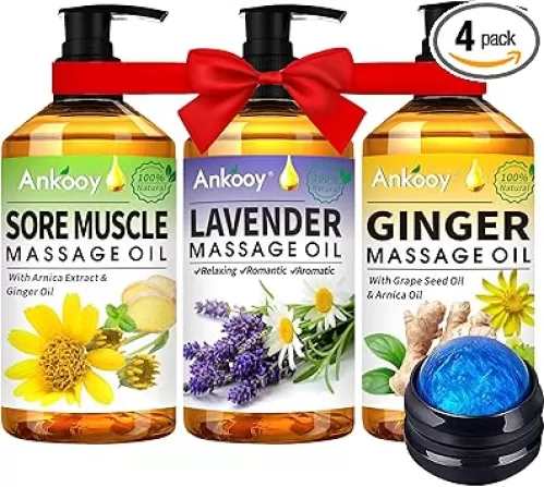 3 Pack Massage Oil for Massage Therapy, Sore Muscle Arnica Oil & Relaxing Lavender Oil & Ginger Oil Lymphatic Drainage & Massage Ball, Lymphatic Drainage Massager Body Oil, Massage Kit Gifts for Women