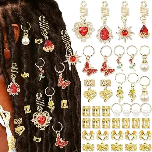 38PCS Red Hair Jewelry Crystal Heart Butterfly Braid Clips Loc Jewelry Pearl Hair Charms Braids Accessories Valentine's Day Hair Decoration for Women and Girls