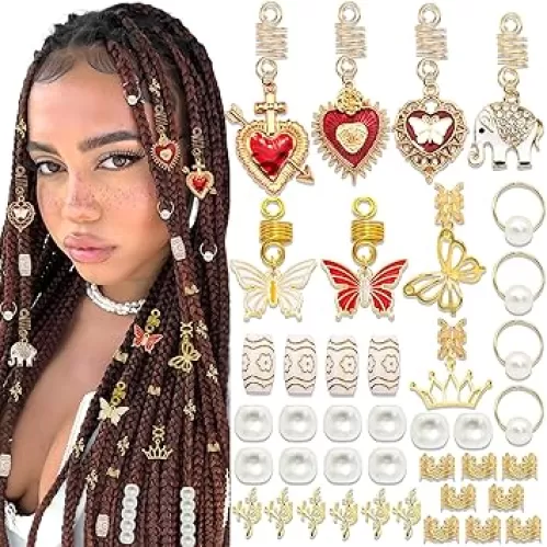46PCS Red Heart Hair Jewelry Butterfly Crown Gold Braid Clips Metal Loc Dreadlock Cuffs Round Pearl Hair Tube Beads Hair Accessories for Women