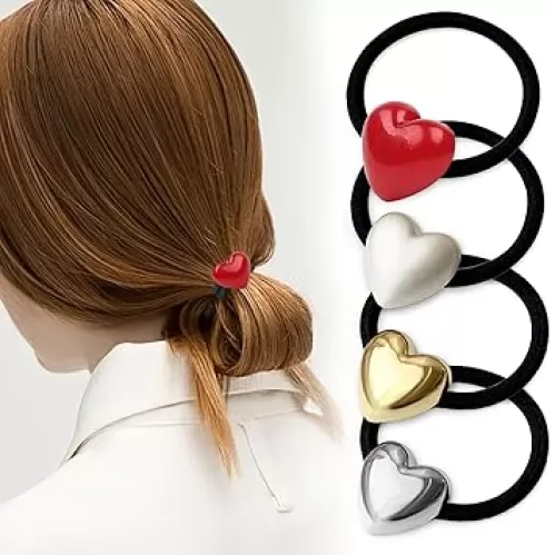 4pcs Metal Heart Hair Ties Hair Scrunchies for Women Girls, Y2K Ponytail Holders Hair Ties No Damage High Elasticity, Alloy Metal Heart Designs