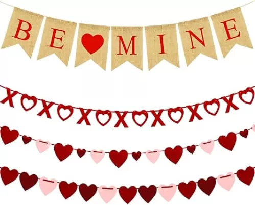 4Pcs Valentines Day Decorations Set No DIY Required BE MINE Love Heart XO Garlands Banner for Home Classroom Office Wedding Party Anniversary