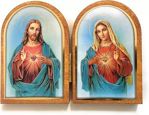 5" x 3.5" Sacred Heart of Jesus and Immaculate Heart of Mary Wooden Diptych