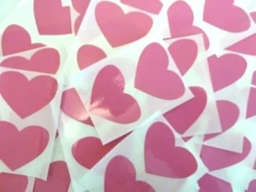 50X37mm Pink Heart Shaped Coloured Plastic Seal Stickers Durable Sticky Vinyl Labels