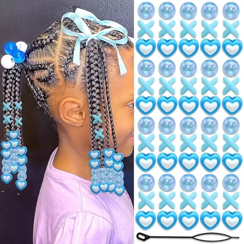 60PCS Blue Hair Beads for Braids 3 Styles Loc Bead Cute Hair Jewelry Heart Shape AB Color Round Beads Hair Decoration Accessories