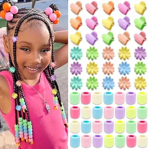 60PCS Hair Beads for Braids Flower Heart Clips for Hair Mixed Color Pony Beads for Kid Girls Loc Small Daisy Hair Claw Clips for Women Teens Hair Accessories