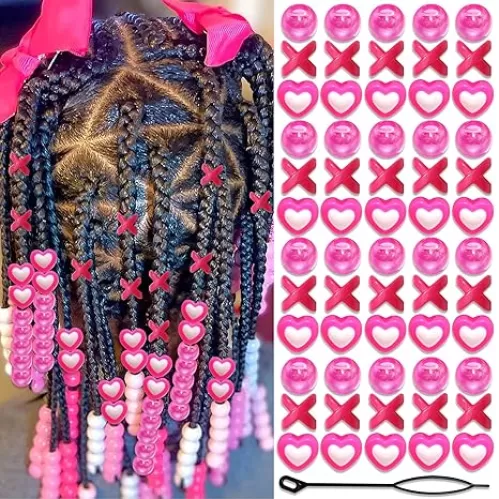 60PCS Pink Heart Hair Beads for Braids AB Color Round Loc Dreadlock Bead Hair Jewelry 3 Styles Bead Accessories Cute Acrylic Hair Decorations for Kids Girls