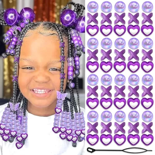 60PCS Purple Braids Beads 3 Styles Dreadlock Bead Accessories Cute Hair Jewelry AB Round Hair Beads Decoration Heart Shape Loc Beads for Kids Girls