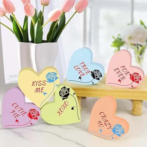 6Pc Heart Table Decorations - Wooden Tiered Tray - Classic Valentine