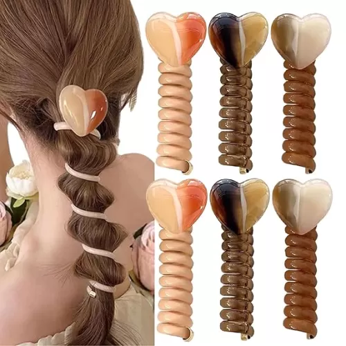 6Pcs Heart Colorful Telephone Wire Hair Bands Spiral Hair Ties Heart Colorful Telephone Line Hair Bands Rainbow Hair Ties Ponytail Holders for Girls (Heart 6P)