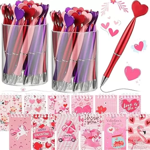 72 Pcs Valentine‘s Day Heart Shaped Pens and Mini Valentines Day Notepads Set Include 36 Heart Ballpoint Pens Black Ink and 36 Valentine's Spiral Notebooks for School Wedding Students Gifts