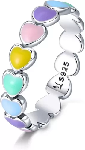 925 Sterling Silver Rainbow Heart Rings for Women Teen Girls Hypoallergenic Dainty Colorful Heart Finger Rings Promise Ring for Her Birthday Valentine