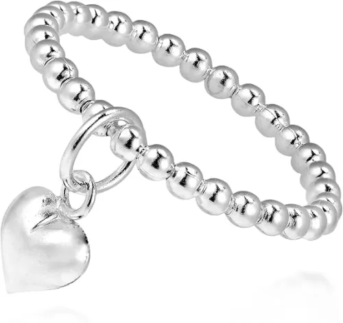 AeraVida Adorable Heart Dangle Eternal Love Beaded Sterling Silver Ring | Ring Size 4 To 12 Silver Ring | Eternal Love Ring | Sterling Silver Heart Rings for Women