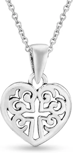 AeraVida Mini Open Heart with Cross Lily Flower Swirl .925 Sterling Silver Necklace | Sterling Silver Necklace