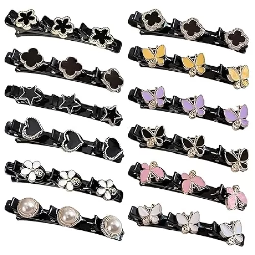 AGLOO 12Pcs Sparkling Braided Hair Clips Set for Women Girls, Stylish Hair Bands with 3 Small Duckbill Clips for Thick Thin Hair, Butterfly, Heart & Clover Designs