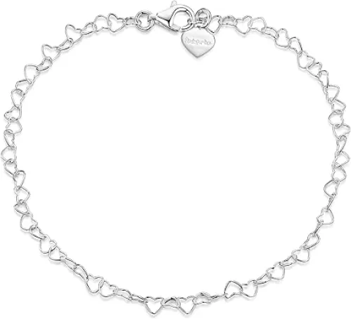 Amberta 925 Fine Sterling Silver Naturally Adjustable Anklet - 3 mm Heart Chain Ankle Bracelet - up to 10" inch - Flexible Fit