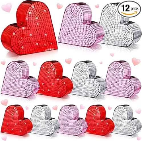 Amyhill 12 Pcs Heart Decoration Disco Table Centerpiece Decor Red Pink White Mirror Heart Centerpiece for Office Tabletop Tray Decor, 4 Sizes