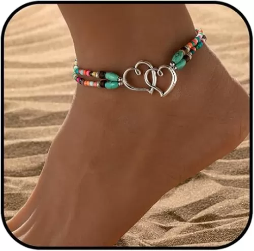 Ankle Bracelets for Women Waterproof Elastic Heart Anklet Stretchy Ankle Bracelets Colorful Beaded Anklets Boho Ankle Bracelets Silver Beach Anklet Jewelry Accessories for Summer