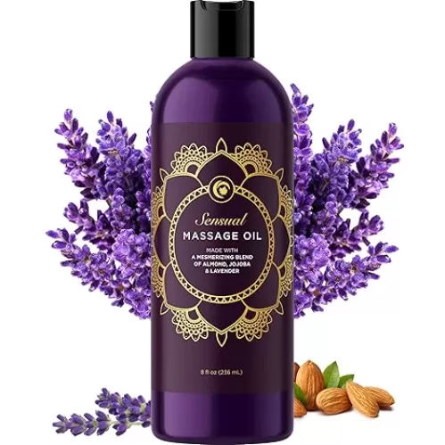 Aromatherapy Sensual Massage Oil for Couples - Relaxing Lavender Massaging Oil for Massage Therapy with Vitamin E Jojoba & Sweet Almond - Naturally Scented Vegan Non GMO & Gluten Free (8 Fl Oz)