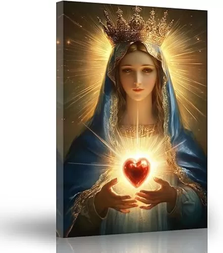 ARTZGX Virgin Mary Wall Art Catholic Canvas Prints Immaculate Sacred Heart of Mary Picture Christian Artwork for Bedroom Religious Decor Frame(Red 12L x 18W)