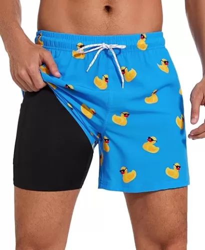Aueyan Mens Swim Trunks 5.5 inch with Compression Liner Zipper Pockets, Quick Dry Swimsuit Trunks Funny Beach Board Shorts