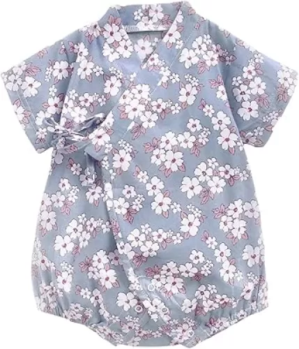 Baby Girls Kimono Romper Cute Floral Print Short Sleeve Newborn Lace-up Onesie Japanese Retro Outfits