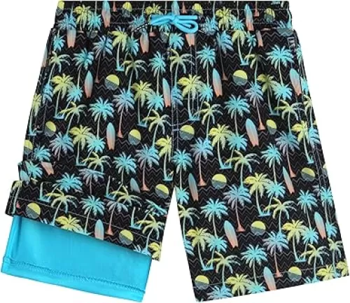 Beach Bros. Boys Swim Trunks with Compression Liner Quick Dry 4-Way Stretch Bathing Suit (Sizes: 8-14)