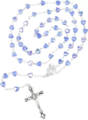 Blue Heart Shaped Beaded Rosary, Catholic Keepsake Gifts, 22 Inches with 1.5 Inch Crucifix