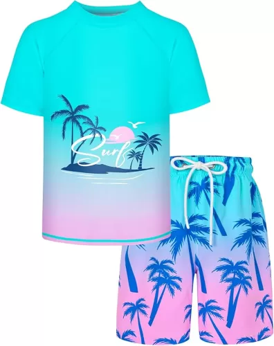 Boys Two Piece Rash Guard and Swim Trunks Outfit Set Kids Short Sleeve Swimsuit