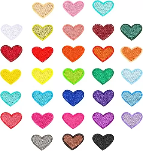 Bremorou Heart Iron On Patches, 31Pcs Mini Heart Iron On Decal Colorful Heart Patch Ironable Patches Embroidered Sew On Heart Patches Appliques for Clothes Dress Hat Jeans DIY Backpack Shoes (31)