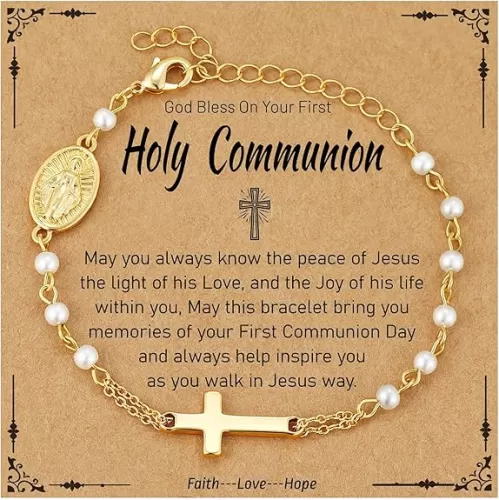 Catholic Bracelets Gifts for Women Girls, Pearl Rosary Beads Virgin Mary Cross Charm Bracelet Confirmation First Communion Baptism Religious Christian Jewelry Gift