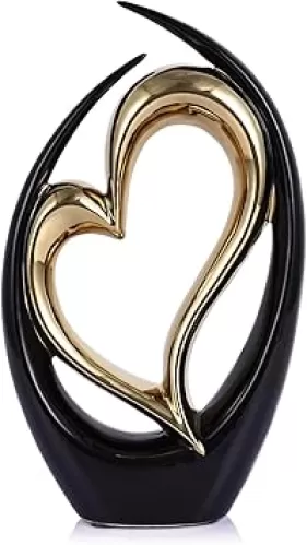 Ceramic Heart Decor Love Statue, Black Glod Double Hearts Sculptures for Home Table Centerpiece Decor, Valentine, Wedding, Decorative Items for Shelves, Coffee Table Decor (Hug Heart-Tall)