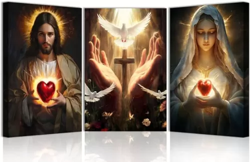 CHAOSETKEN Sacred Heart Jesus and Mary Wall Art 3 Pieces God Mary Portrait Canvas Pictures Christian Catholic Prints Cross Dove of Peace Poster for Church Decor Frame (Brown, 11.00" x 14.00" x 3PCS)